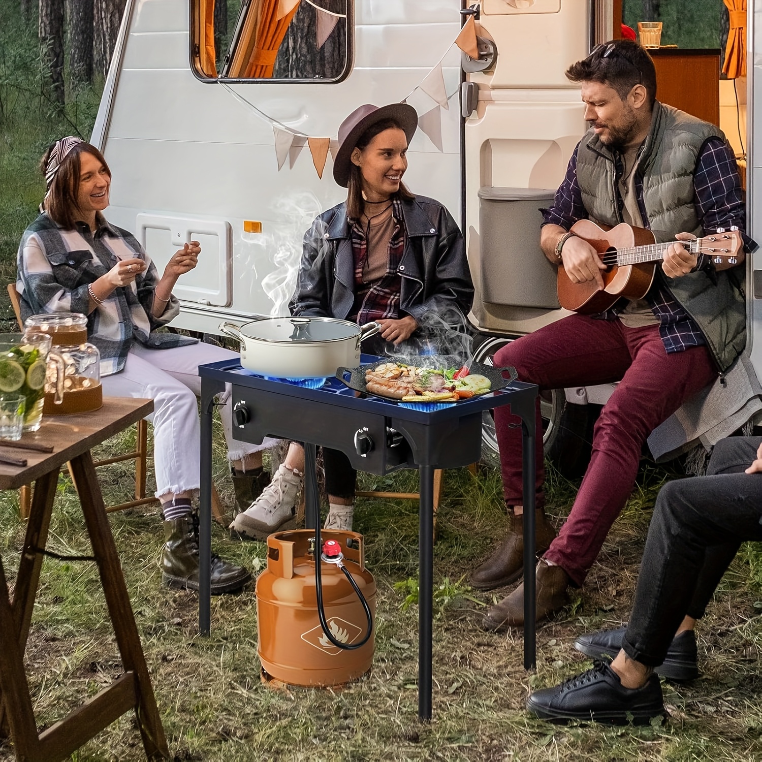 2 Burner Propane Gas Stove for Outdoor Cooking, 150, 000 BTU Camping Cooker with Removable Legs, Temperature Control Knobs for Backyard Cooking, BBQ, Baking and Frying