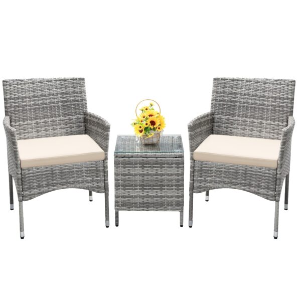 3pcs Rattan Outdoor Patio Set Wicker Conversation Set with Cushion Glass Coffee Table - Image 9