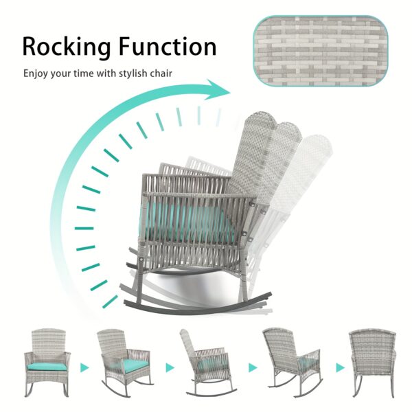 Outdoor Wicker Rocking Chair Set, 3pcs Patio Conversation Furniture Bistro Set with Glass Top Coffee Table and Cushions for Garden Porch and Balcony - Image 7