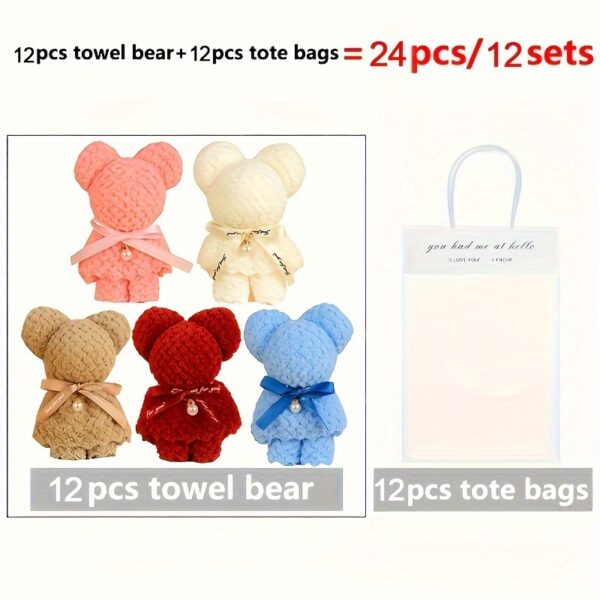 24pcs Cute Bear Towel Gift Set with Transparent Bags & Ribbon - Perfect for Weddings, Birthdays, Mother'S Day & Christmas Party Favors (12pcs Towel Bear + 12pcs Tote Bags), Gift Packaging|Playful Bear Design|Gift Bags - Image 7