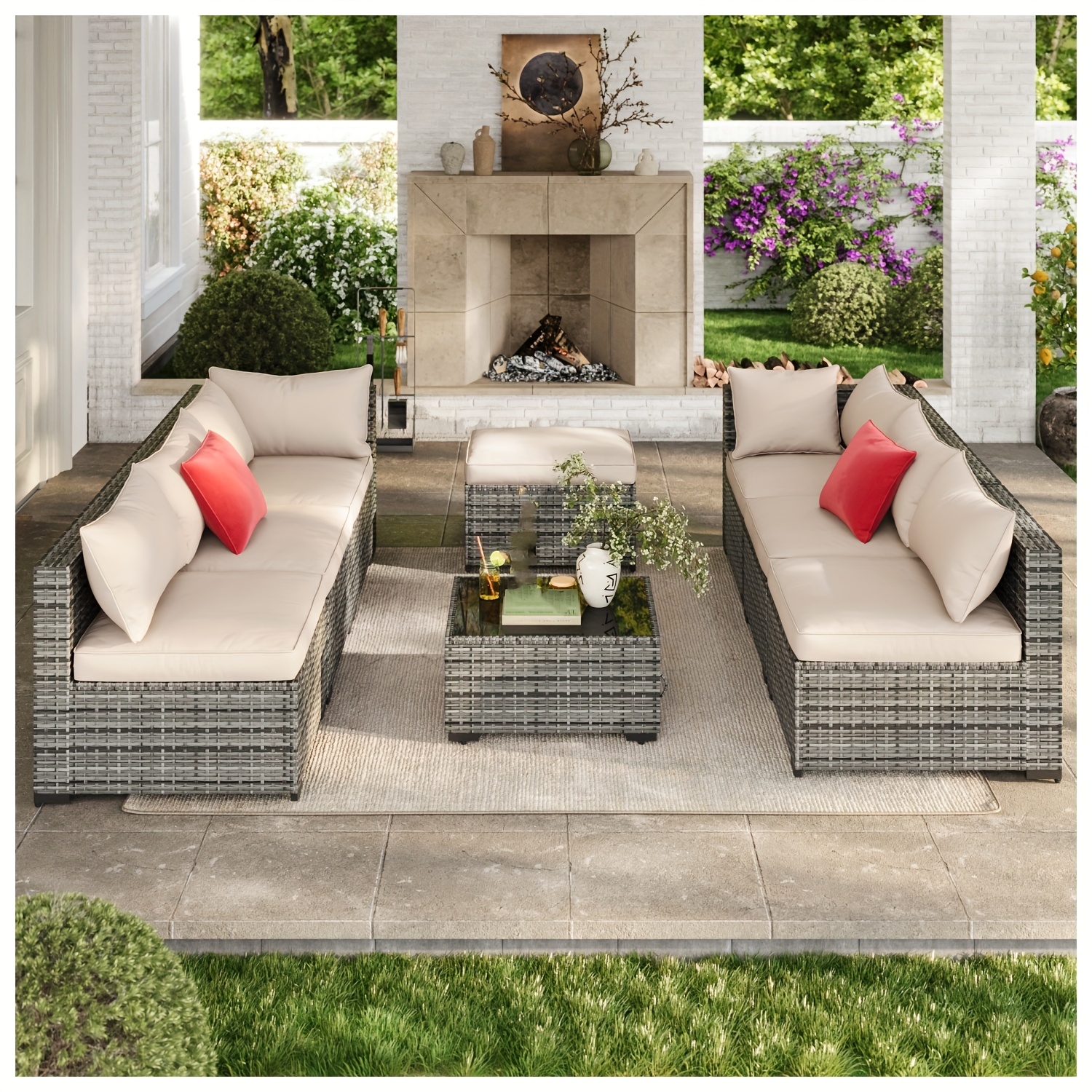 8pcs Modern Outdoor Patio Furniture Set, Rattan Sectional Sofa with Metal Top and Extra Deep Seats, Grey, Patio Seating Set|Modern Outdoor Sofa|Woven Rattan Material - Image 2