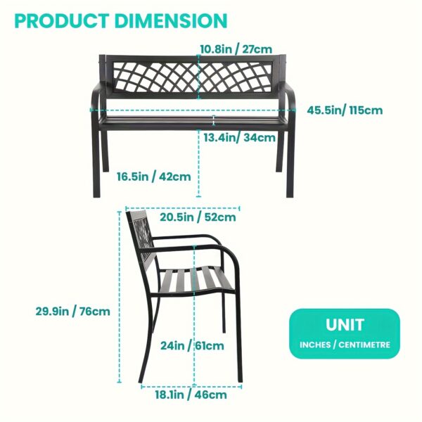 [Iron Frame Patio Bench Black] Garden Bench, Outdoor Benches, Iron Steel Frame Patio Bench with Mesh Pattern and Plastic Backrest Armrests for Lawn Yard Porch Work Entryway, Black - Image 3