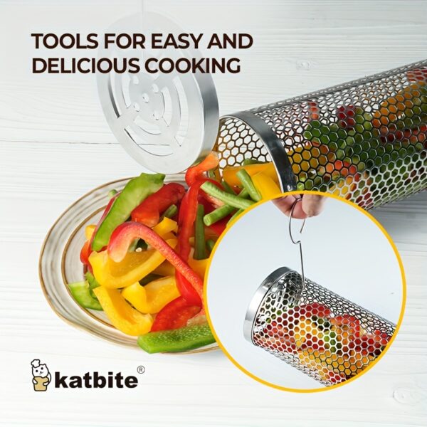 [2pcs Stainless Steel BBQ Grill] 2pcs Katbite Stainless Steel Portable BBQ Cooking Grill | Outdoor BBQ Basket, Camping Picnic Cooker, Round BBQ Campfire Grill - Image 8