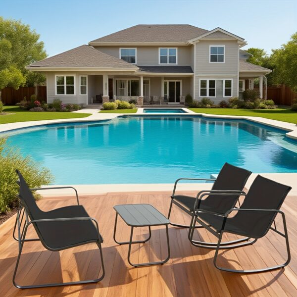 4pcs Outdoor Conversation Set, Outdoor Furniture Featuring Rocking Chairs And A Loveseat, Complete with A Coffee Table. Perfect for Gardens, Balconies, Pool Areas, Or Backyards. Made with Lightweight, Weather-resistant Textilene Fabric,