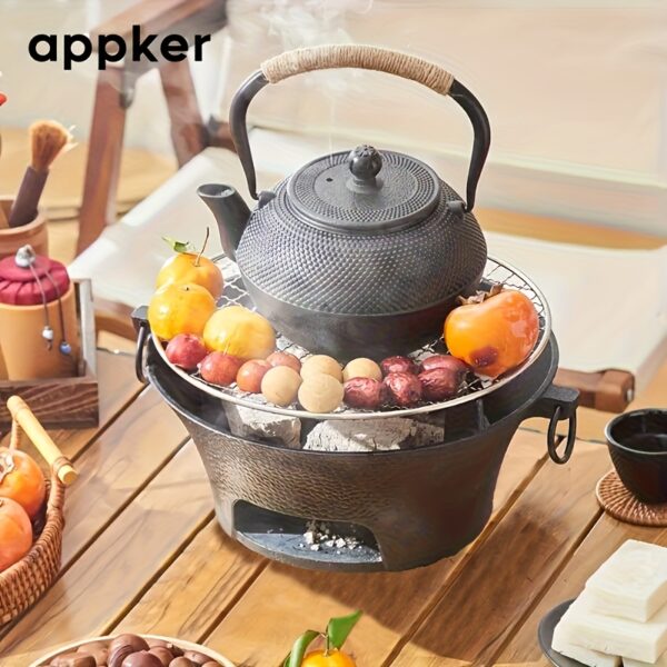 APPKER Cast Iron Charcoal Stove Set - Versatile Round Heating Grill with Lid, Folding Handles, and Grate - Perfect for BBQ, Outdoor Cooking, and Kitchen Use - Black, Charcoal Grill - Image 5