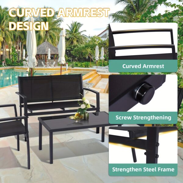 HARAISEDK 4pcs Patio Chair Set Outdoor Only Garden Patio Conversation Sets Poolside Chairs With Tempered Glass Coffee Table Loveseat Porch Outdoor Textilene Fabric Black - Image 8