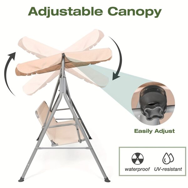 [Weather Resistant Patio Swing] 3-Seat Weather Resistant Outdoor Patio Swing Chair - Adjustable Tilt Canopy, Steel Frame, Beige - Image 6