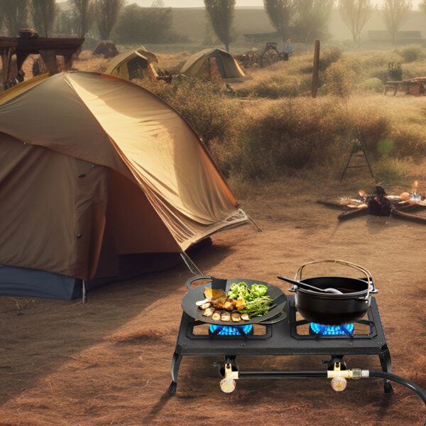 Vivicreate Dual Burner Portable Propane Camping Stove with Cast Iron Griddle, Regulator & Hose, Electronic Ignition, Compact Design for Camping, BBQ, Tactical Cooking - Outdoor Gear Essential, Camping Stove Portable, Tactical Cooking Gear, Durable Construction - Image 6