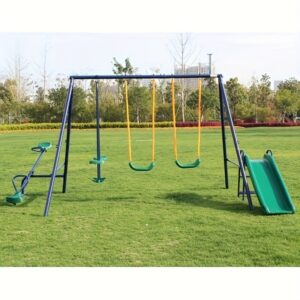 Swing Set for Backyard Outdoor Heavy Duty A-Frame Metal Playset with Seesaw, 2 Swings, Slide And Glider for Kids