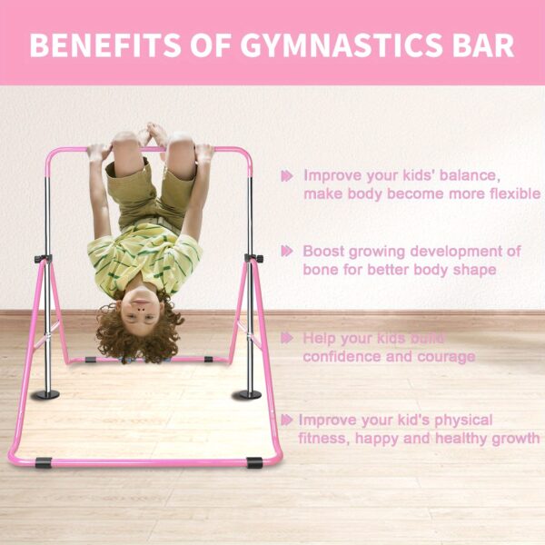 Adjustable Height Kids Monkey Bars with Bear Rings - Foldable Multifunctional Gymnastics Bar for Strength & Balance Training, Heavy-Duty Steel Home Gym Equipment with Non-Slip Base & 110 lbs Capacity, Space-Saving Design for Toddlers & Children (Purple/Green/Blue), Indoor Playset, Playful Design, Sturdy Construction - Image 2