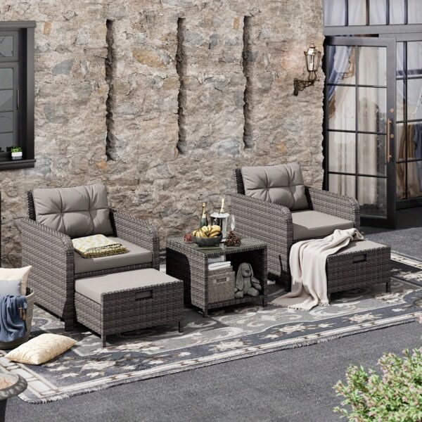 [Outdoor Lounge Chairs] 5pcs PE Wicker Rattan Patio Conversation Set | Balcony Furniture with Soft Cushions, 2 Ottoman, Glass Table for Porch - Image 7