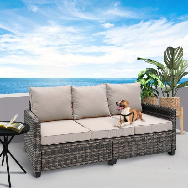 All Weather Outdoor Rattan Sofa, 3 Seat Outdoor Wicker Couch With High Back, Premium Brown Wicker And Cushions For Garden, Backyard, Porch EasyUp - Image 4