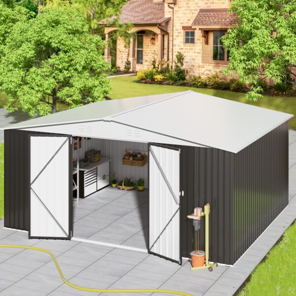 [12x14 FT Metal Shed] Super Spacious 12x14 FT Metal Storage Shed | Durable Frame, Lockable Door, White Roof | For Garden, Backyard, Patio, Tool Storage, Gifts For Boyfriend Or Husband - Image 7