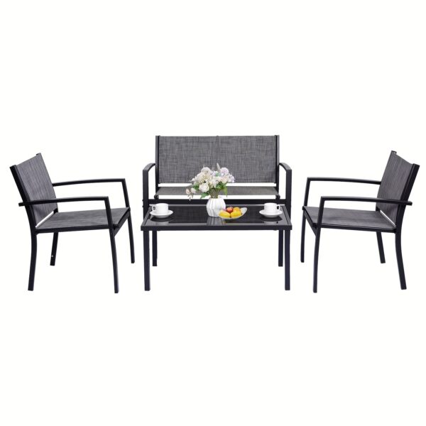 HARAISEDK 4pcs Patio Chair Set Outdoor Only Garden Patio Conversation Sets Poolside Chairs With Tempered Glass Coffee Table Loveseat Porch Outdoor Textilene Fabric Black - Image 5