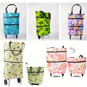 1pc Durable Oxford Fabric Shopping Trolley Bag with Wheels - Foldable, Washable, Multi-Functional Non-Woven Tote, Lightweight, Portable, Waterproof, Shatterproof, Rectangular Grocery and Storage Carryall