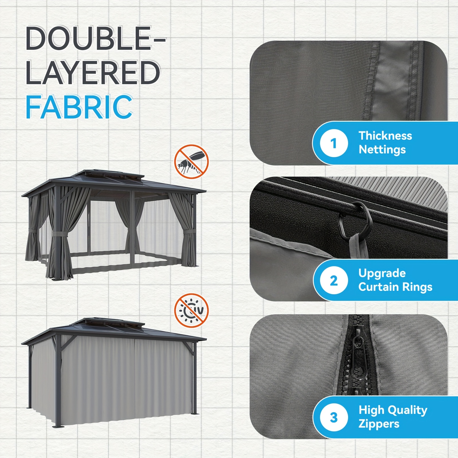 14'x12' Hardtop Gazebo for Patio, Outdoor Aluminum Gazebo with Double Roof, Curtains & Netting, Weather-Resistant Permanent Pavilion, Backyard Patio Furniture for Garden, Lawn, Deck (Gray) - Image 5