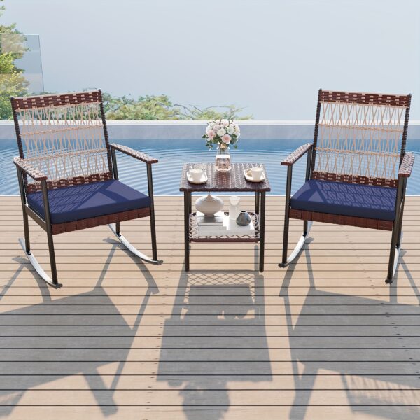 Outdoor Wicker Rocking Chair Set, 3pcs Patio Conversation Furniture Bistro Set with Glass Top Coffee Table and Cushions for Garden Porch and Balcony - Image 4