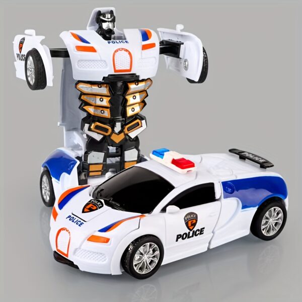 1pc Transforming Robot Car Toy - Shape-Shifting ABS Plastic Police Car to Robot with Mechanical Arms & Detailed Wheels, Fun Gift for Boys, Blue & White Design - Image 3