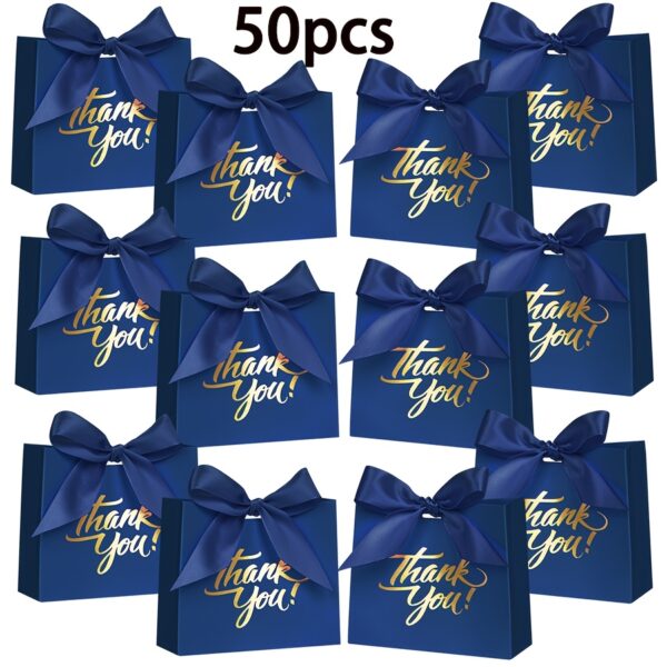 50pcs Elegant Blue "Thank You" Gift Bags with Ribbons - Ideal for Weddings, Celebrations, Birthdays, and More - Versatile Occasion Paper Gifts, Thank You Gifts|Ribbons Decor|Sturdy Handles, Thank You Gifts for Weddings