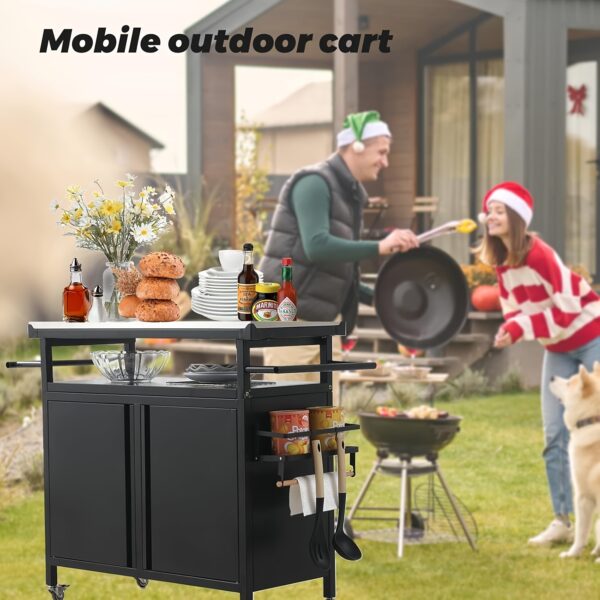 XL Heavy-Duty Indoor/Outdoor Rolling Bar Grill Cart with Stainless Steel Top & Storage Cabinet - Lockable Wheels, Magnetic Spice Rack, Propane Holder for BBQ, Parties, Backyard & Patio Entertaining (Black), Grilling Accessories, Sleek Metal Design, Sturdy Square Legs