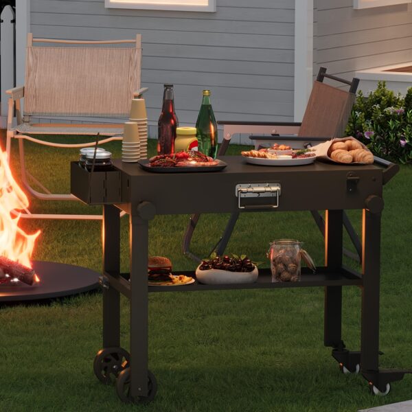Heavy-Duty Iron Outdoor Folding Dining Cart - Foldable Portable Grill Cart with 4 Swivel Casters, 500lb Capacity, All-Terrain Wheels & Storage Basket for Camping, Picnics, Tailgating, Picnic Essentials, Foldable Design, Robust Construction