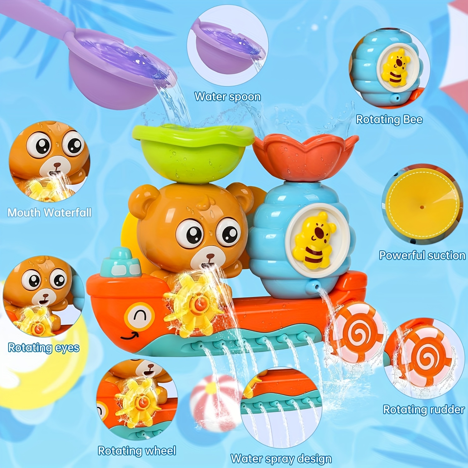 Baby Bath Toy with Two Strong Suction Cups, Kids Bathtub Water Play Bear Boat Toy for Boys and Girls, Ideal Gift for Infants and Toddlers Learning to Shower - Image 8