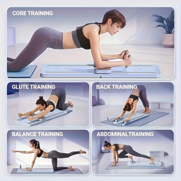 An 8-in-1 multifunctional abdominal board available in three colors, designed for core strength training and Pilates - a foldable portable home gym equipment with adjustable resistance bands, push-up bars, and straps. Includes multiple fitness tools - Image 11