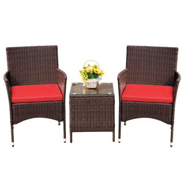 3pcs Rattan Outdoor Patio Set Wicker Conversation Set with Cushion Glass Coffee Table - Image 5