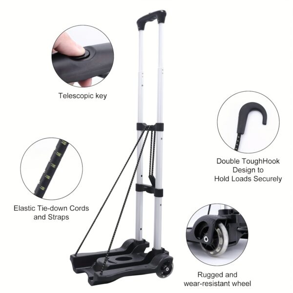 [Folding Hand Truck Dolly] 1pc Lightweight Aluminum Folding Hand Truck Dolly with 2 Wheels - Portable, Collapsible Luggage Cart for Airport Travel & Moving, Black, Travel Essentials|Ergonomic Handle|Durable Plastic Base, Travel Cart - Image 7