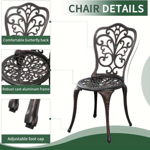 Outdoor Patio Bar Table and Chair Set, Cast Aluminum Pub Furniture, Suitable for Garden, Balcony, Terrace, Red Copper Outdoor Patio Coffee Table and Chairs, Premium Metal Frame Patio Furniture, Ideal for Porch, Poolside, Balcony, Garden, Patio, Patio Furniture Sets - Image 6