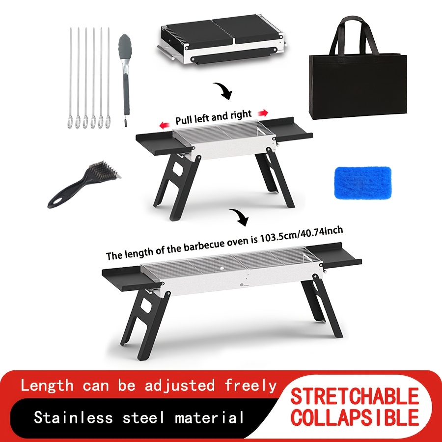 This Portable Charcoal Barbecue Grill Features a Convenient Retractable Design for Easy Transport. It Measures 17.51 Inches by 9 Inches When Stored And Expands to 28.34 Inches by 9 Inches When Set Up, Stretching to 40.74 Inches by 9.05 Inches. It Comes with Barbecue Tools And Makes a Great Gift for Men. - Image 5