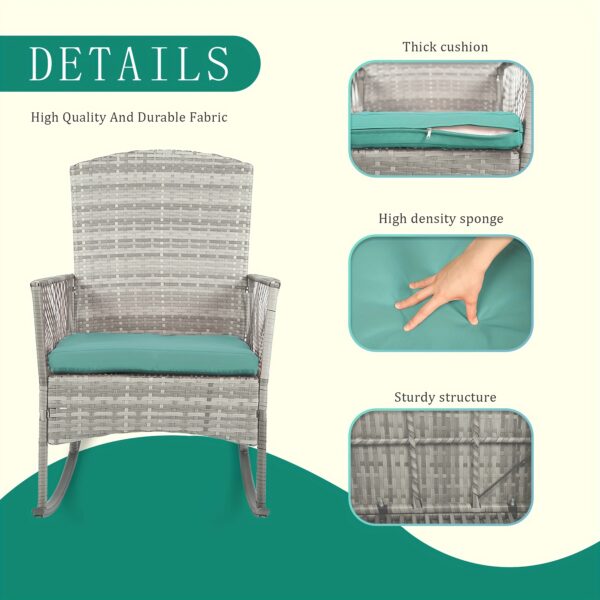 Outdoor Wicker Rocking Chair Set, 3pcs Patio Conversation Furniture Bistro Set with Glass Top Coffee Table and Cushions for Garden Porch and Balcony - Image 5