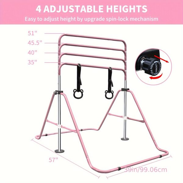 Adjustable Height Kids Monkey Bars with Bear Rings - Foldable Multifunctional Gymnastics Bar for Strength & Balance Training, Heavy-Duty Steel Home Gym Equipment with Non-Slip Base & 110 lbs Capacity, Space-Saving Design for Toddlers & Children (Purple/Green/Blue), Indoor Playset, Playful Design, Sturdy Construction - Image 3