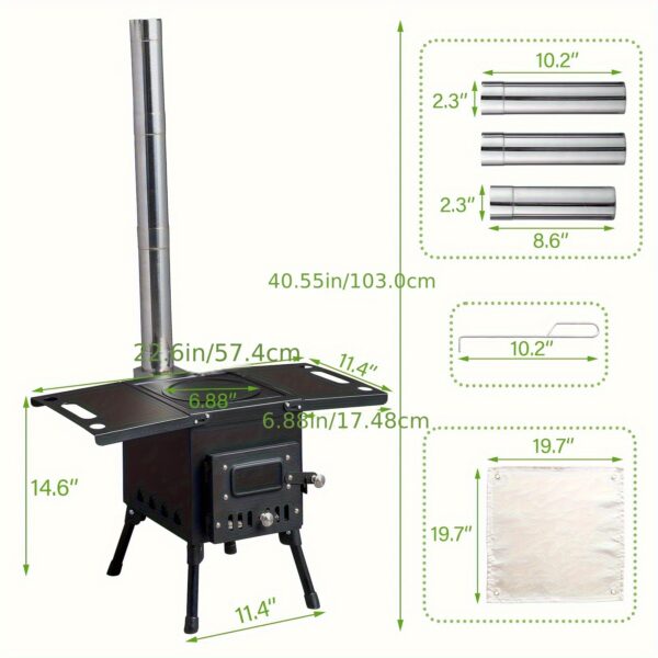 [Wood Stove] Portable Wood Burning Stove | Camping Wood Stove, Outdoor Tent Stove With Stainless Chimney Pipes, Tent Stove Jack & Gloves For Outdoor Camping Cooking And Heating (Black) - Image 10
