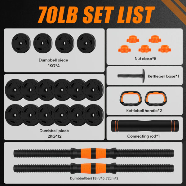 Versatile 70Lb Adjustable Dumbbell Set - 4-in-1 Design: Dumbbells, Barbells, Kettlebells And Push-up Stand - Perfect for Home Gym with Connectors - Image 7