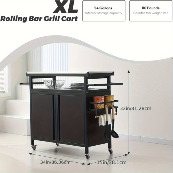 XL Heavy-Duty Indoor/Outdoor Rolling Bar Grill Cart with Stainless Steel Top & Storage Cabinet - Lockable Wheels, Magnetic Spice Rack, Propane Holder for BBQ, Parties, Backyard & Patio Entertaining (Black), Grilling Accessories, Sleek Metal Design, Sturdy Square Legs - Image 3