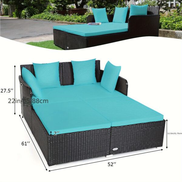 [Weather-Resistant | Rattan] Costway 2-Person Weather-Resistant Rattan Daybed with Cushions and Pillows | Modern Outdoor Sofa | Durable Patio Furniture, 800 lbs Capacity, Turquoise & Red Accents, Includes Instruction Manual - Image 4