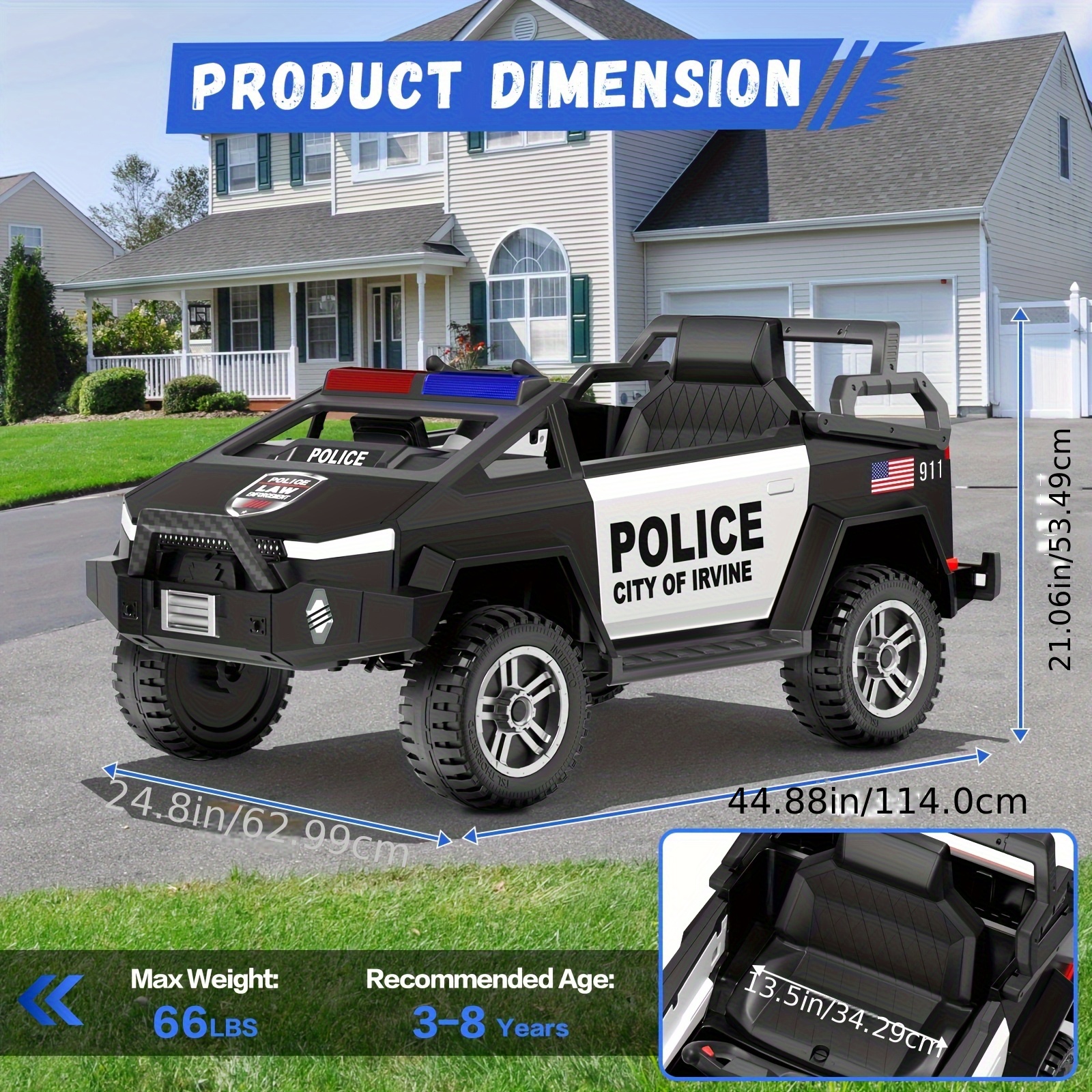 24V Youngsters' Remote-Controlled Police Car with Remote Control, Alarm, Flashing, Music, Spring Suspension, Suitable for 3-8-year-old Girls and Boys' Birthdays or Various Holiday Gifts - Image 7