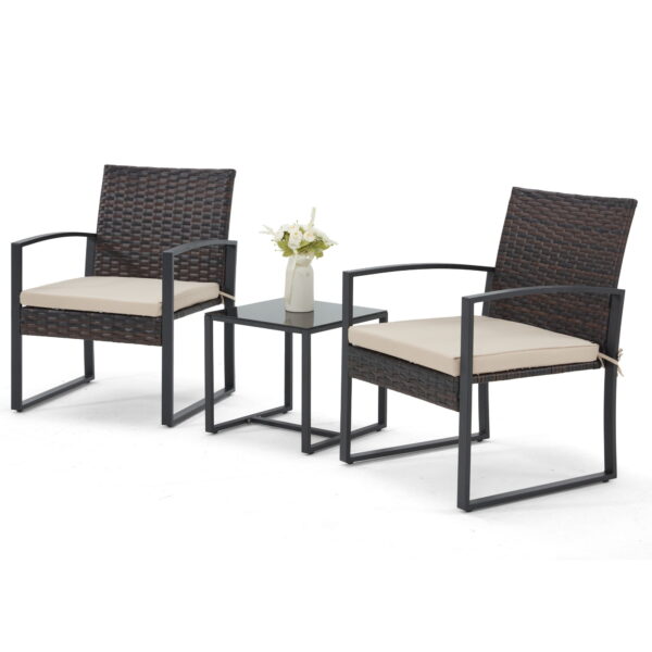 [Durable Rattan, Bezseller] 3pcs Bezseller Patio Furniture Set | Outdoor Rattan Bistro Set with Durable Steel Frame, Strapped Cushions for Garden, Balcony, Poolside, Backyard - Image 2