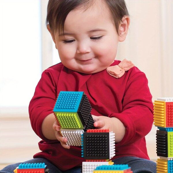 Infantino 24pcs Multicolor Press & Stay Sensory Blocks for Babies - Soft Silicone Building Blocks with Alphabet & Number Design, Non-Toxic Educational Toys for Motor Skills Development, Toddler Toy Building Blocks, Playful Design, Safe Infant Material, Without Battery - Image 5