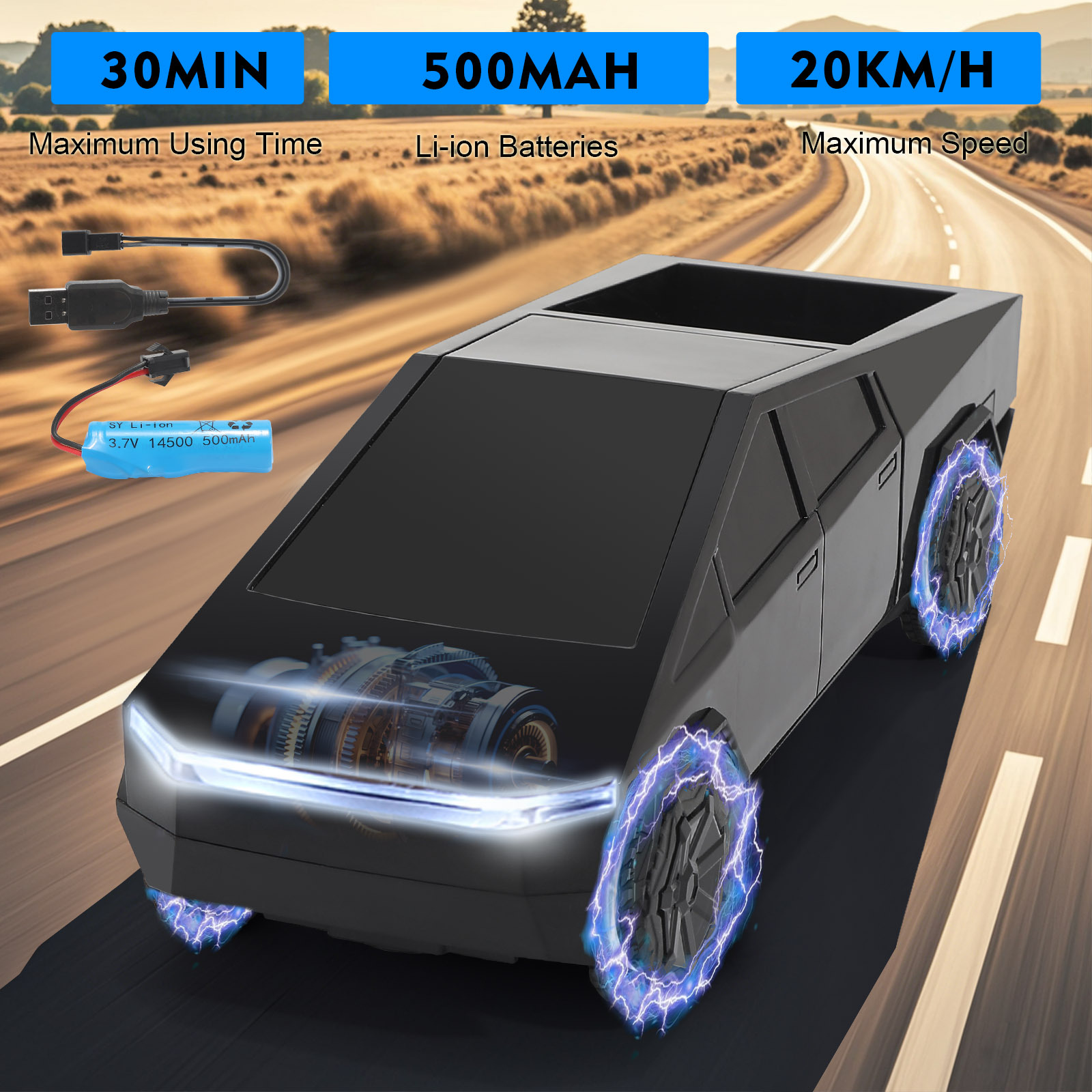 Cyber Truck Toy Remote Control Pickup Truck, 1/24 Scale Racing Cybertruck Model, Rechargeable Battery & Light and Loadspace, for Adults and Boys - Image 4