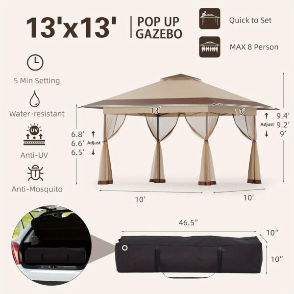 [13x13 Pop Up Gazebo] Bezseller 13x13 Pop Up Gazebo Tent | Water-Resistant Oxford Tarp Shelter with Mosquito Netting | Large Quick Set and Easy to Carry for Patio Garden Backyard Party - Image 6