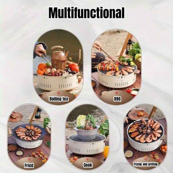 [Everyday Comfort] Portable Round Charcoal BBQ Grill – Compact, Multifunctional Outdoor Cooking Stove with Detachable Stainless Steel Grates, Perfect for Camping, Picnics, and Backyard Barbecues, White Cast Iron Design - Image 7