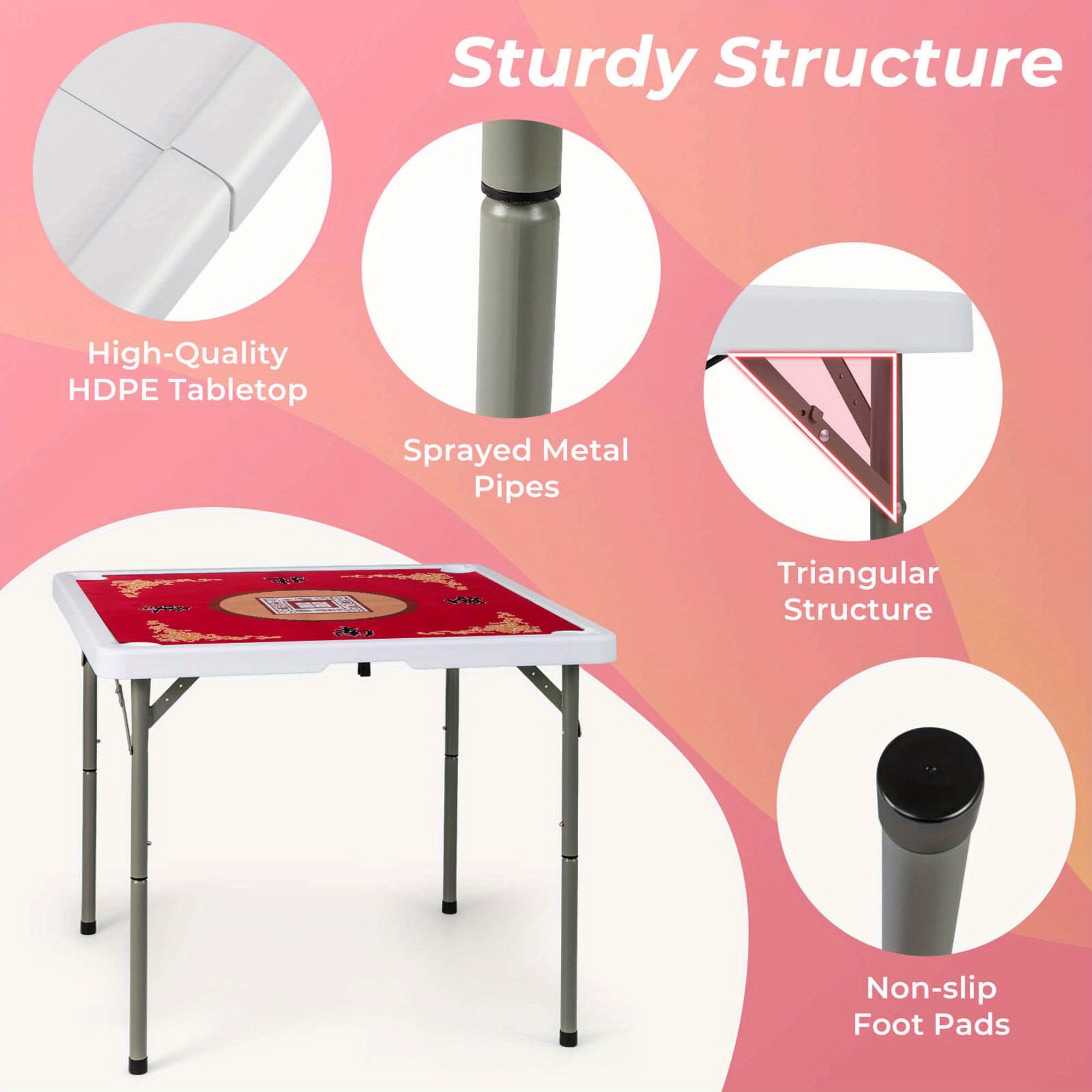 MAXMASS 35" Folding Mahjong Table with Cup Holders & Smooth Felt Mat Carrying Handle Red - Image 9