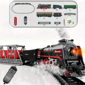 3D Smoke Electric Train Set with 4 Cars & Deluxe Tracks | Real Choo-Choo Sounds + Flashing Lights | Rechargeable Battery Gift for Kids 3-8/ Men | Christmas MUST-HAVE! Gift toys for kids