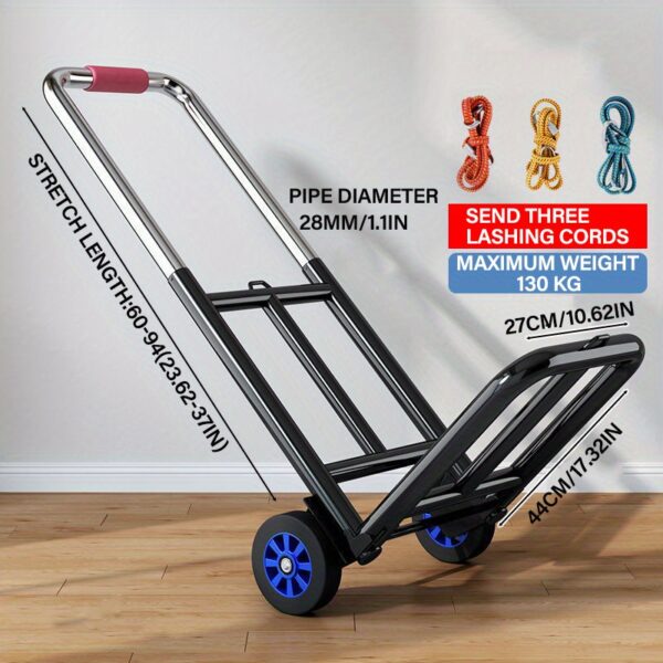 [Heavy-Duty Luggage Trolley] 130kg Max Load Heavy-Duty Folding Luggage Trolley, Metal & Silicone | Portable Shopping Cart Pulling Truck, 28mm Pipe Diameter, 160cm Stretch Length, with 3 Lashing Cords - Image 9