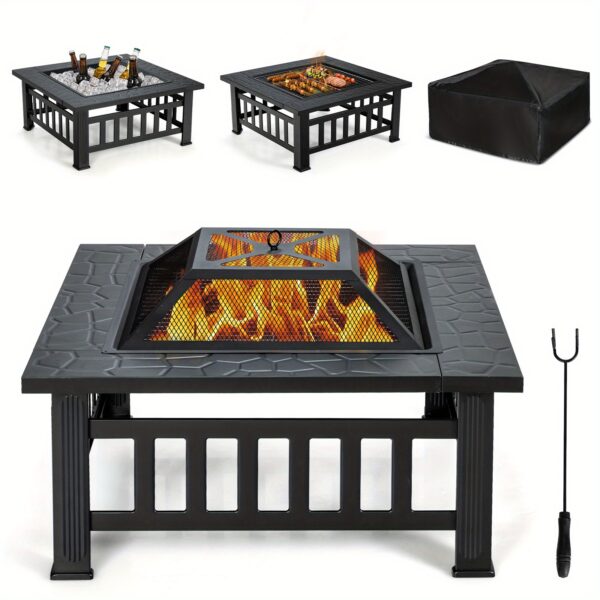 [Fire Pit Table] LIFEZEAL 32" Outdoor Fire Pit Table | with BBQ Grill, Rain Cover & Safety Poker - Heavy-Duty Steel, Heat-Resistant Black Coating for Patio, Camping & Backyard Gatherings - Image 3