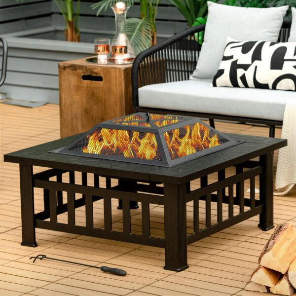 [Fire Pit Table] LIFEZEAL 32" Outdoor Fire Pit Table | with BBQ Grill, Rain Cover & Safety Poker - Heavy-Duty Steel, Heat-Resistant Black Coating for Patio, Camping & Backyard Gatherings - Image 4