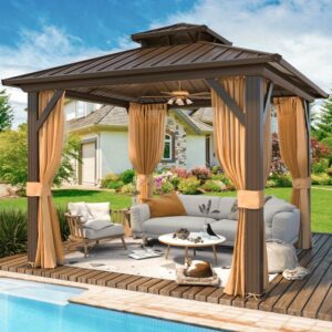 Hardtop Gazebo with Aluminum Frame, Double Galvanized Steel Roof, Curtains and Netting Included, Metal Gazebos Pergolas for Patios, Garden, Lawns, Parties