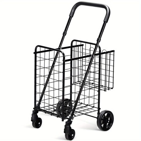 [Heavy-Duty Folding Cart] 1pc Adjustable Heavy-Duty Folding Shopping Cart Dolly Basket - Rolling Utility Trolley, Black, Rolling Storage Cart - Image 3